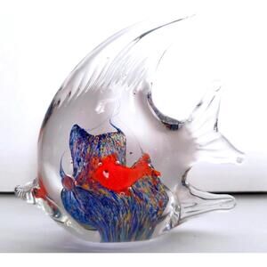 Art Glass Angelfish Double Sided Paperweight Colorful Small Inner Orange Fish